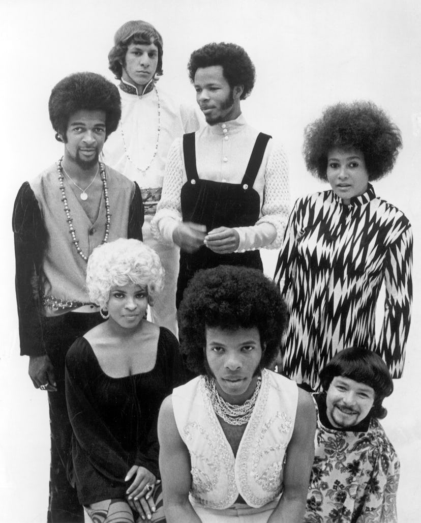 1968: Psychedelic soul group 'Sly & The Family Stone' pose for a portrait in 1968. (Clockwise from t...