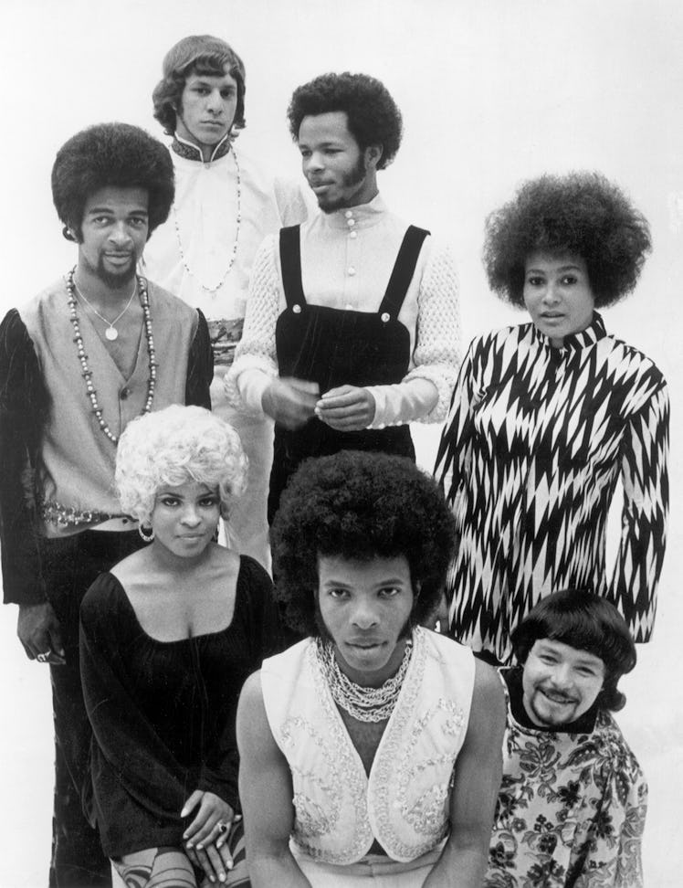 1968: Psychedelic soul group 'Sly & The Family Stone' pose for a portrait in 1968. (Clockwise from t...