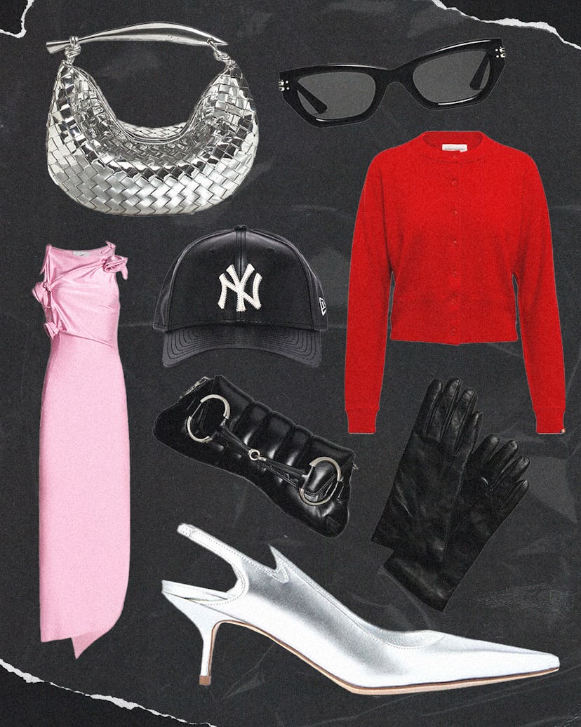 A collage of high fashion gift items against a black marble background