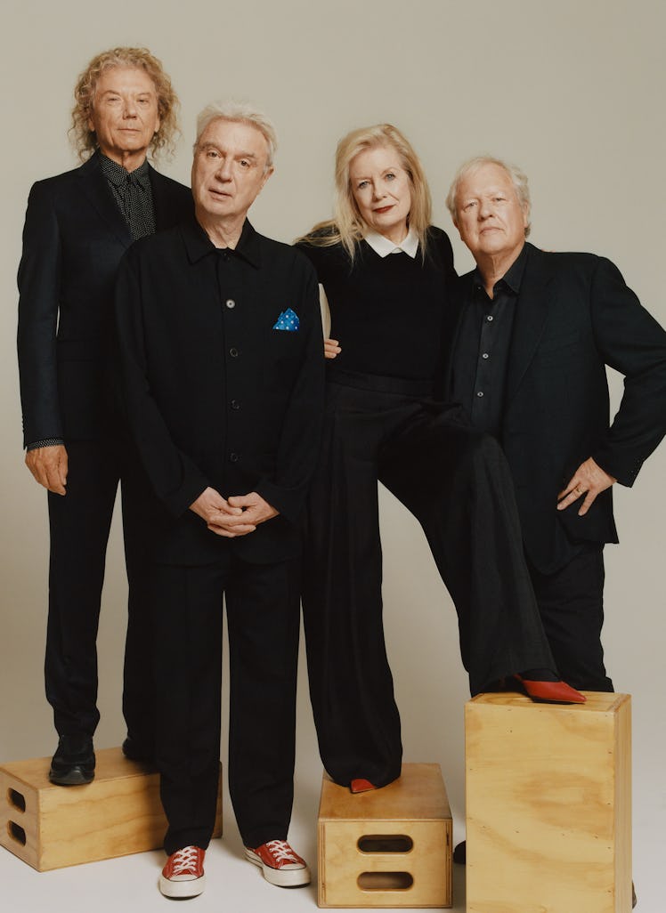 Jerry Harrison (far left) and Chris Frantz (far right) wear their own clothing and accessories. Davi...