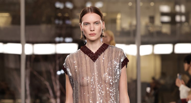 Model on the runway at the Tory Burch Fall RTW 2025 fashion show as part of New York Fashion Week he...