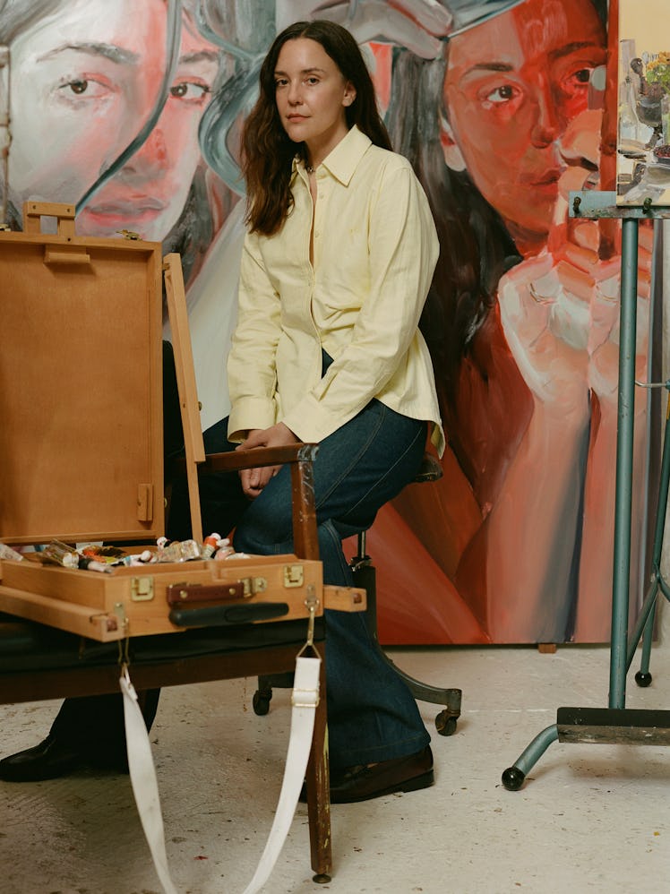 Gribbon wears a Commission top and jeans; Edgar Mosa necklace; G.H. Bass shoes in her studio in Broo...