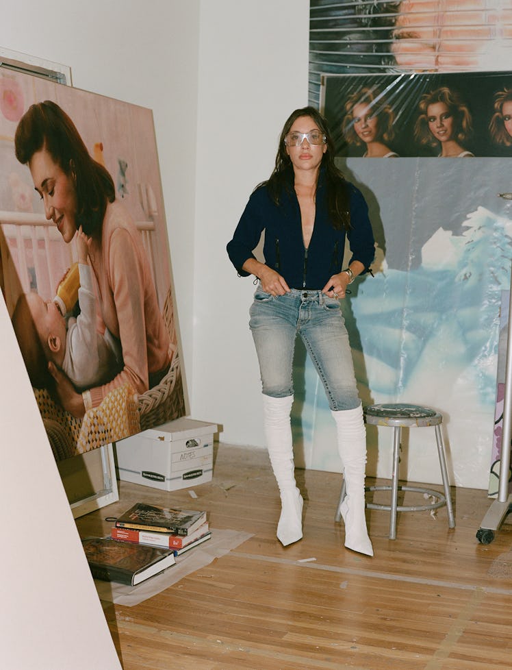 Artist and gallerist Jamian Juliano-Villani at her studio in Brooklyn. Miu Miu top; Balenciaga panta...