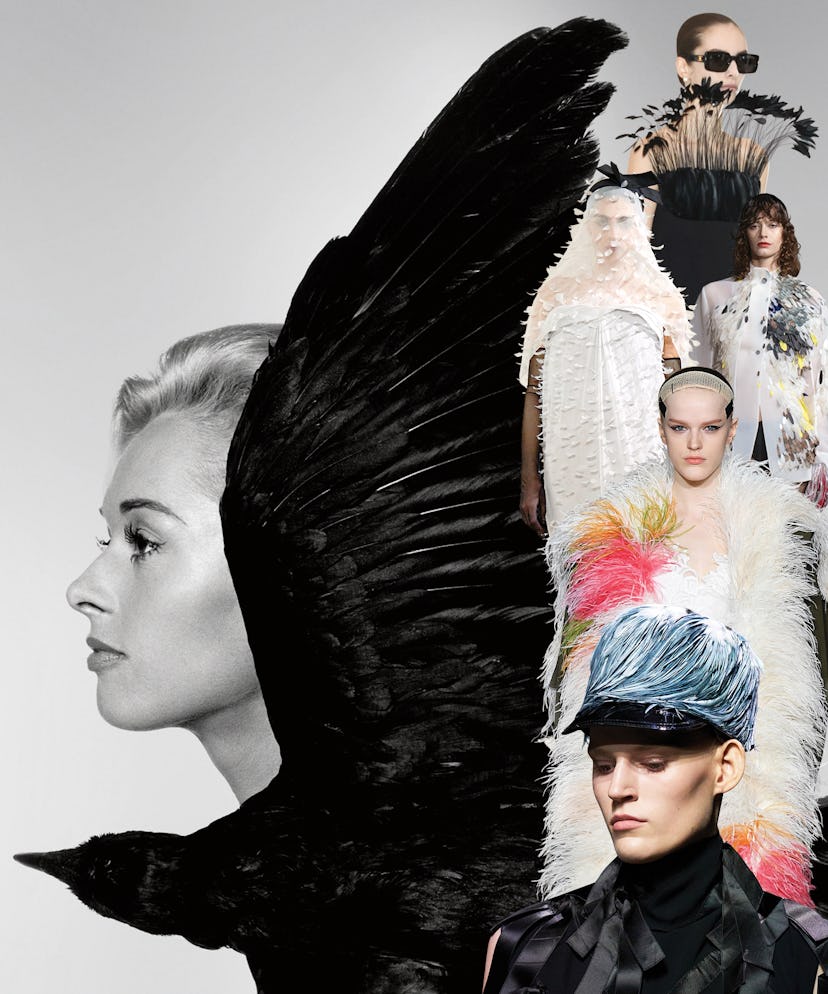 Models in feathered looks from the fall 2024 collections, courtesy of the designers. Tippi Hedren, t...